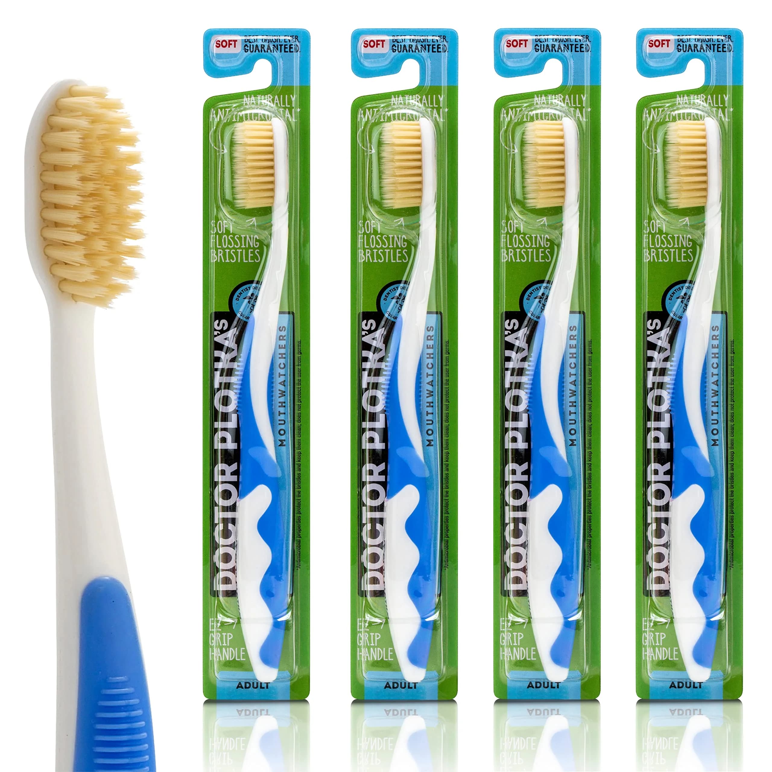MOUTHWATCHERS Soft Flossing Manual Toothbrush 4-Pack Green | Built-in Flosser for Adults — Blue