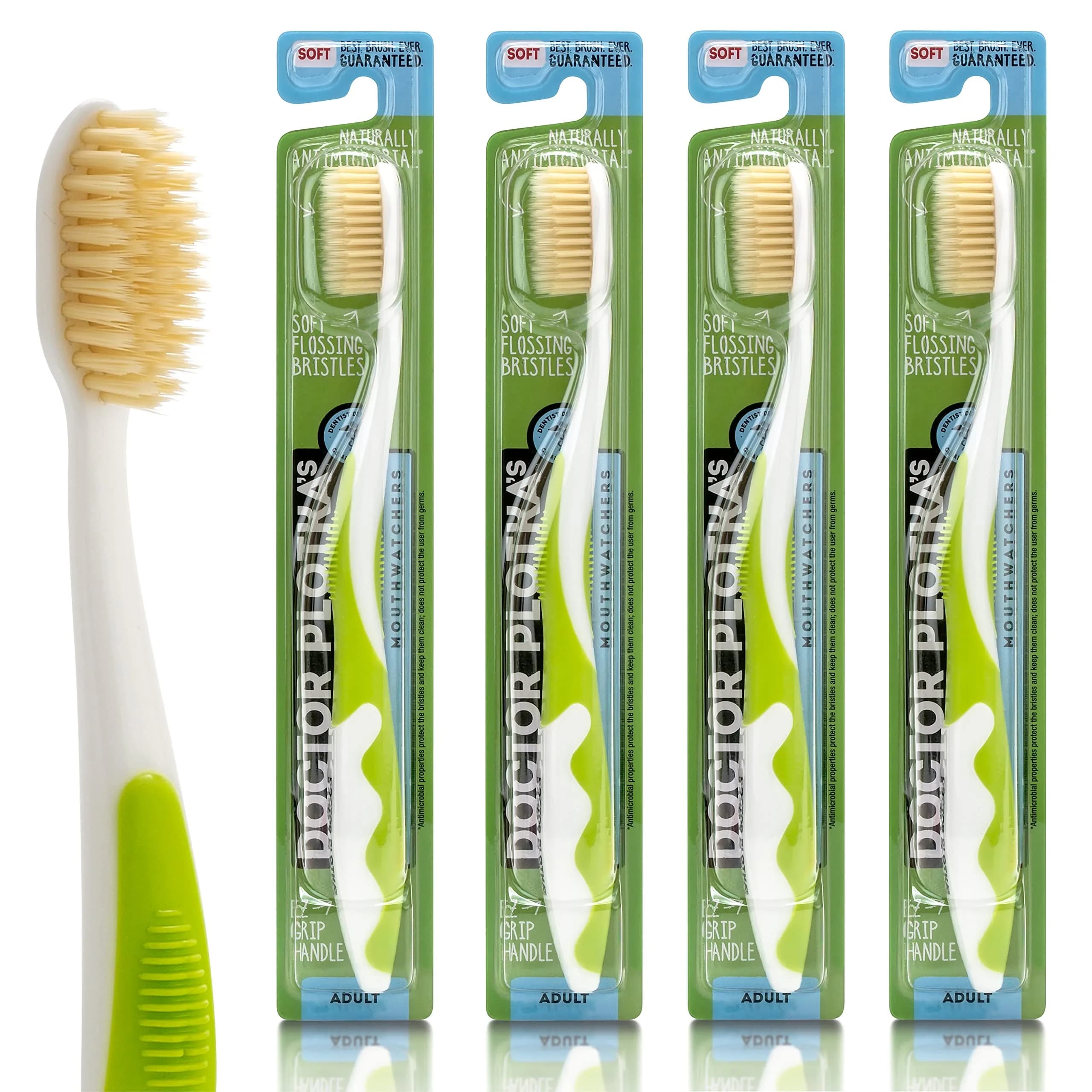 MOUTHWATCHERS Soft Flossing Manual Toothbrush 4-Pack Green | Built-in Flosser for Adults — Green