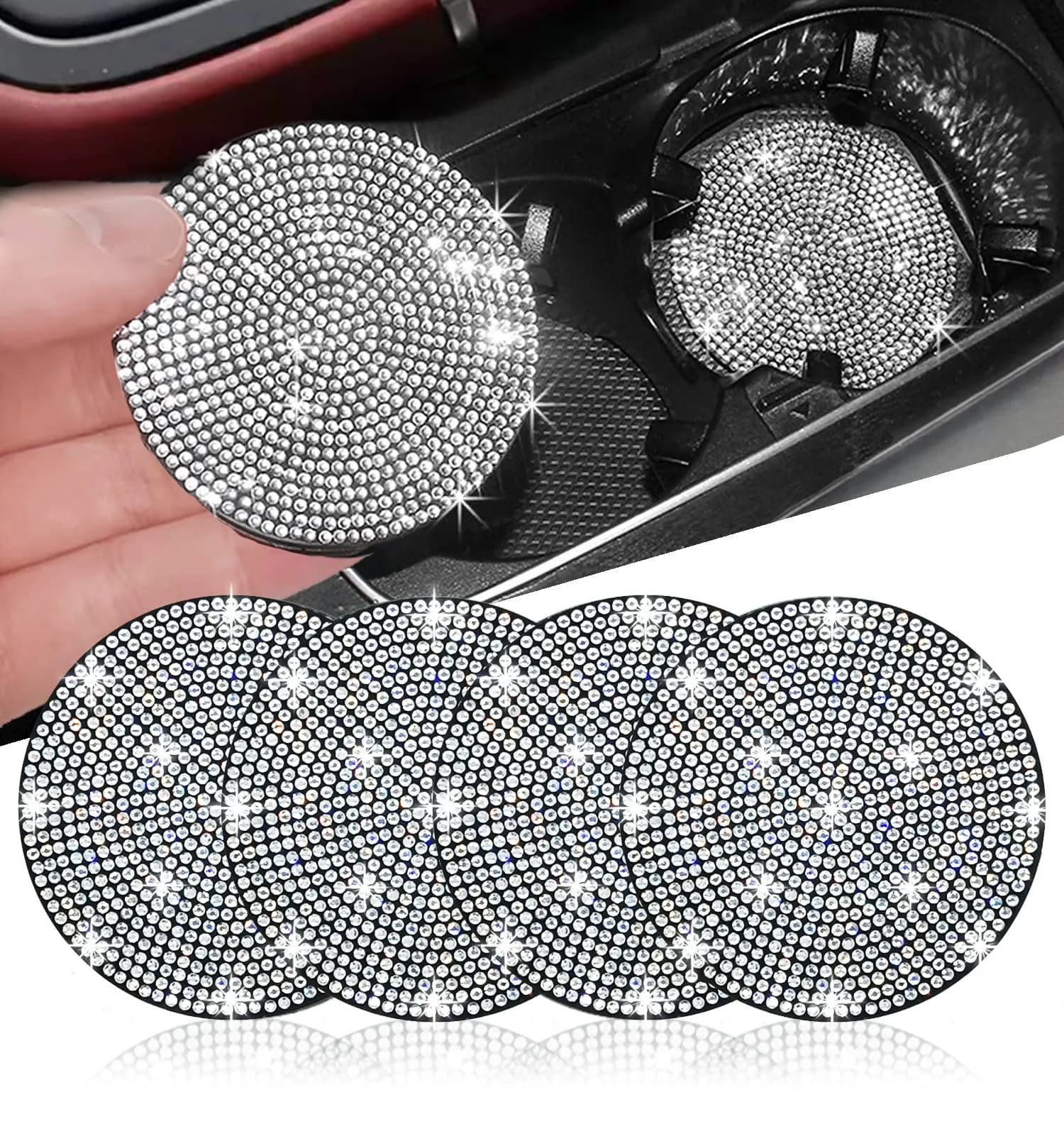 NBTEPEM Bling Car Cup Holder Coasters 2.75 inch (4 pcs, Blue) | Sparkle & Protect Your Car Interior — Silver / 4pcs
