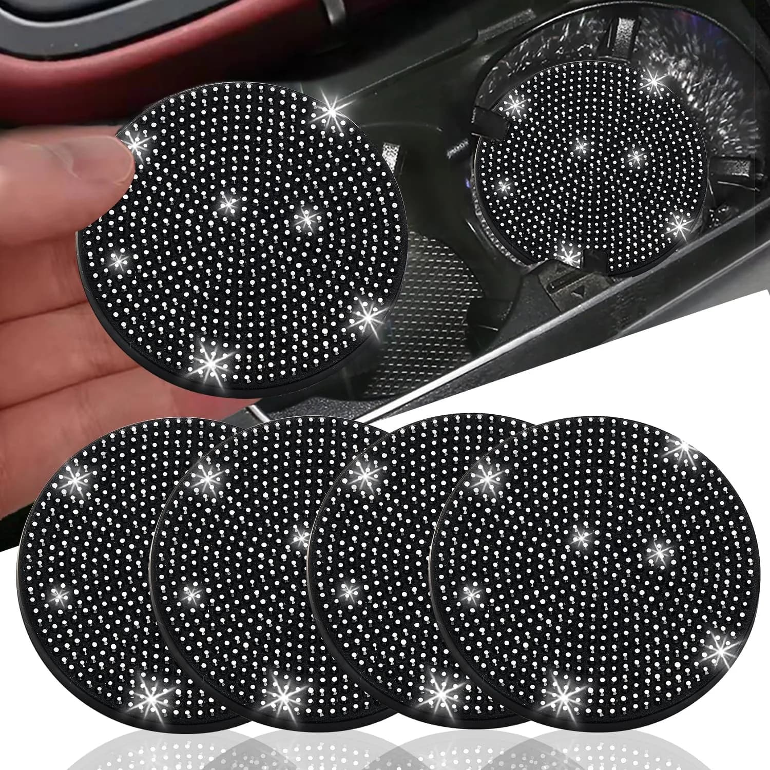 NBTEPEM Bling Car Cup Holder Coasters 2.75 inch (4 pcs, Blue) | Sparkle & Protect Your Car Interior — Black / 4pcs