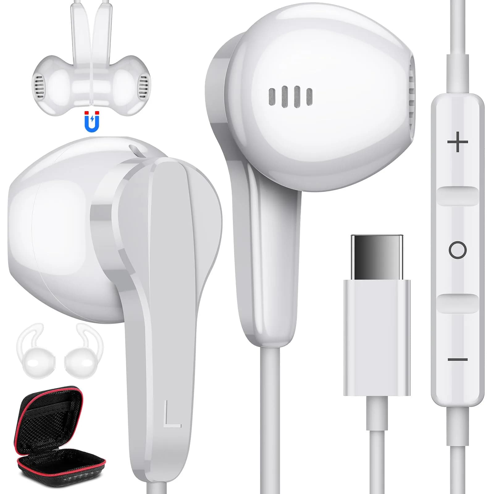 ASKUBSKU USB C Wired Headphones for Samsung & More | High Fidelity Stereo, Magnetic Neckband, 45° Semi In-Ear Design — White