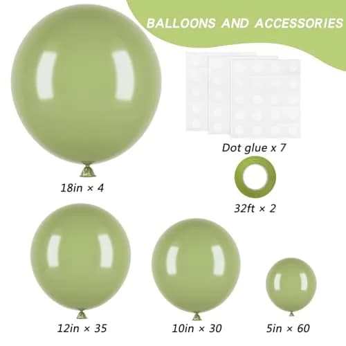 rubfac Sage Green Balloons 129pcs Different Sizes Latex Balloon Arch Kit | Assorted Colors Party Balloon Garland for Birthdays & Events thumbnail 2