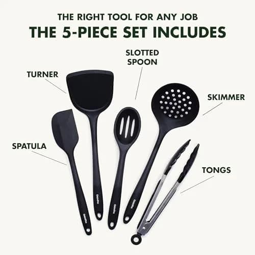 GreenPan 5 Piece Cooking Utensil Set, Silicone Nonstick, Scratch-Free, Black | Versatile Kitchen Tools thumbnail 2