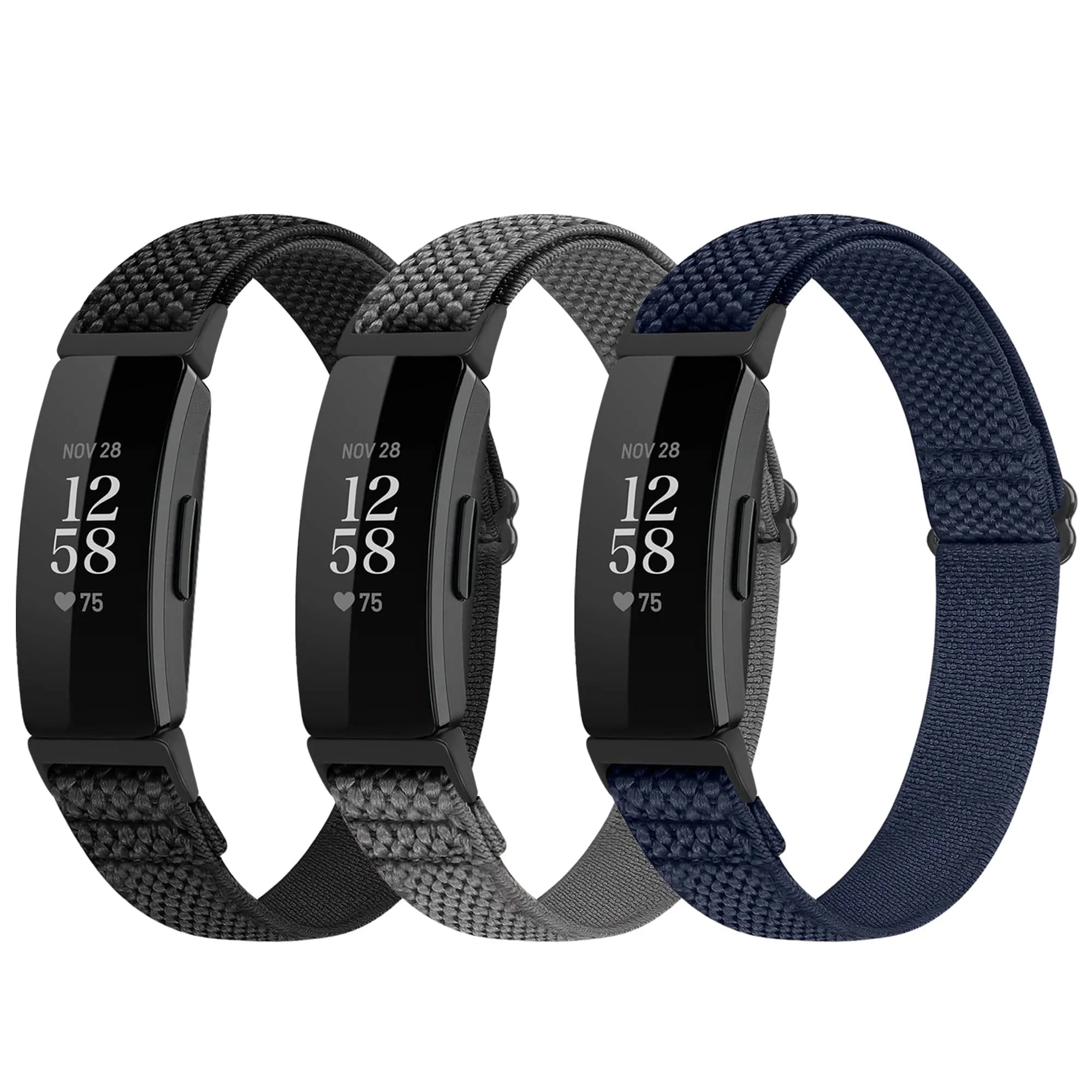 Huamanlou Adjustable Elastic Nylon Sport Bands Compatible with Fitbit Inspire 3/Inspire 2/Inspire/Inspire HR/Ace 2/Ace 3 | Breathable, Stretchy & Durable (70-120 chars) — Black+Gray+Indigo