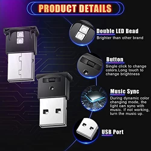 Tallew 4 Pcs Mini USB LED Interior Lights 5V | Music Sync Atmosphere Lamps thumbnail 3