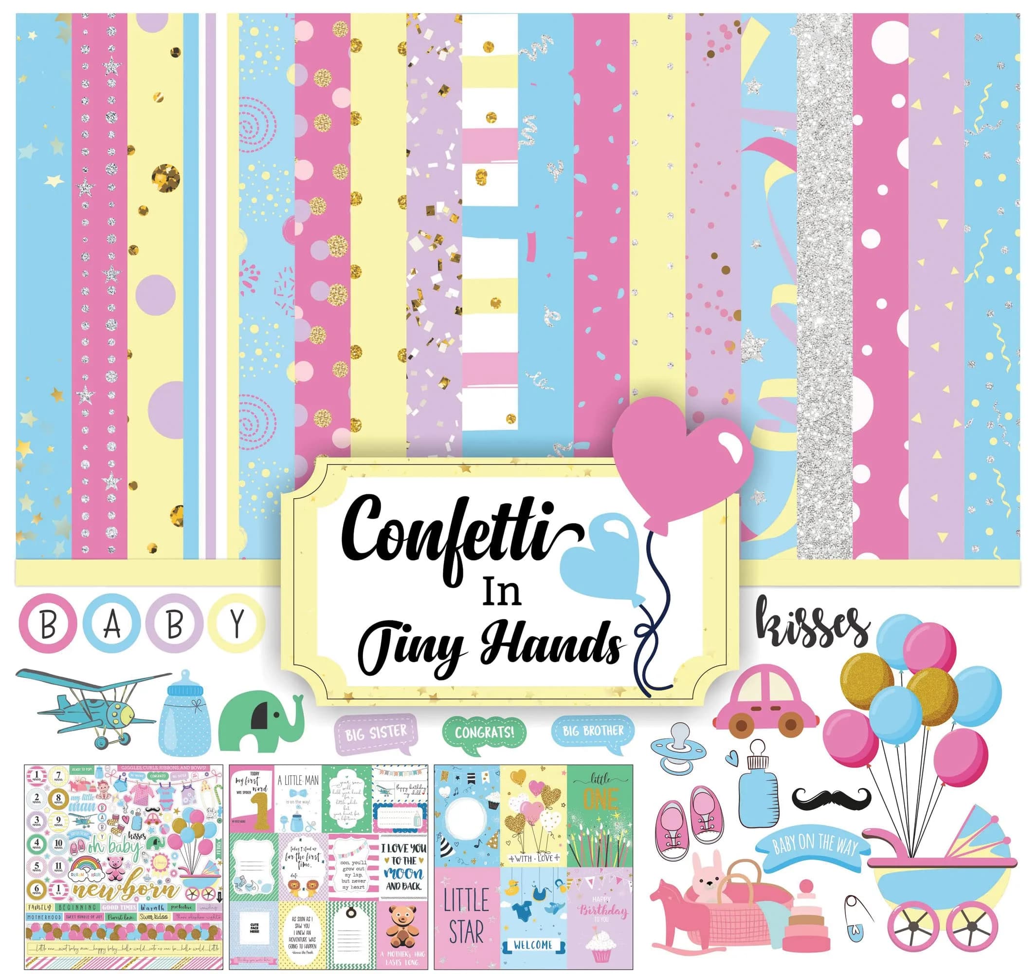 Inkdotpot Baby Theme Pastel Confetti Collection Scrapbook Paper Kit 12"x12" | 16 Pages Multicolor Cardstock with Stickers - main product image