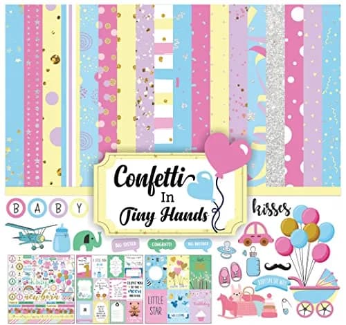 Inkdotpot Baby Theme Pastel Confetti Collection Scrapbook Paper Kit 12"x12" | 16 Pages Multicolor Cardstock with Stickers thumbnail 1