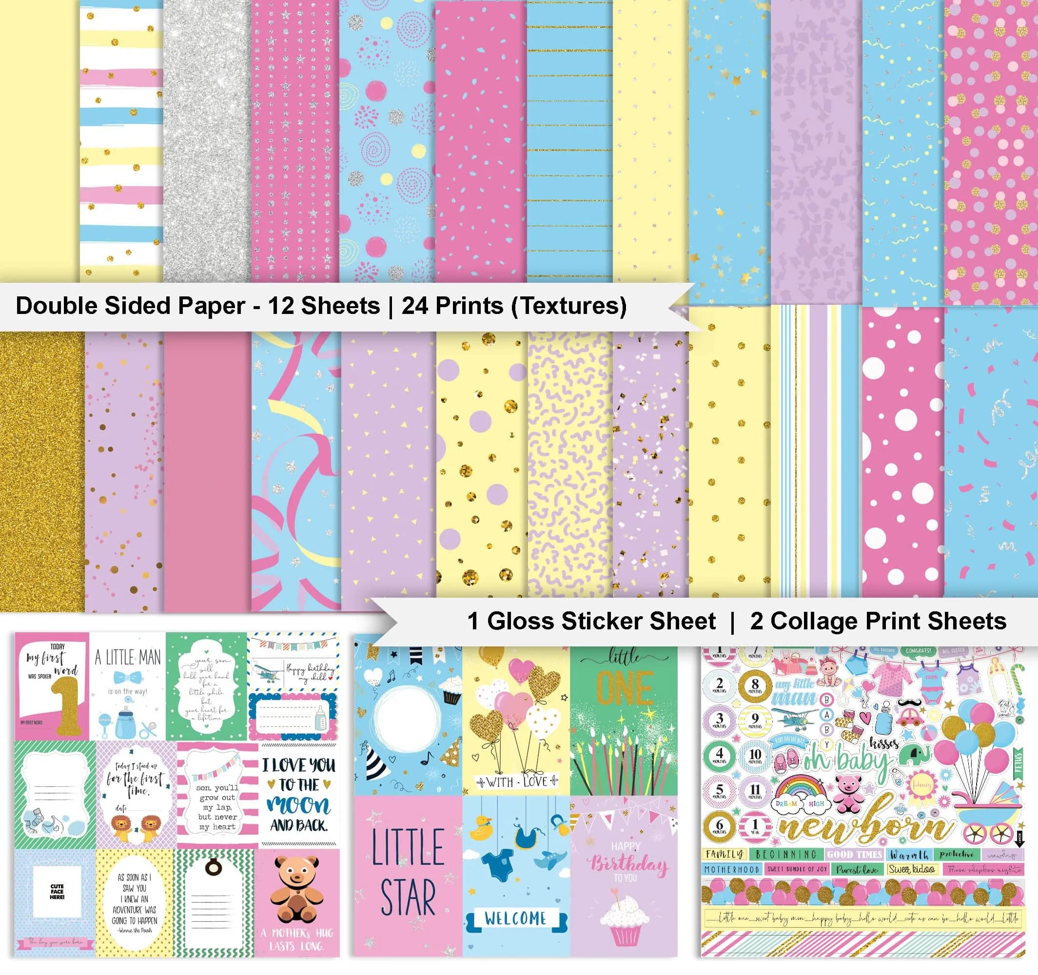 Inkdotpot Baby Theme Pastel Confetti Collection Scrapbook Paper Kit 12"x12" | 16 Pages Multicolor Cardstock with Stickers - view 2