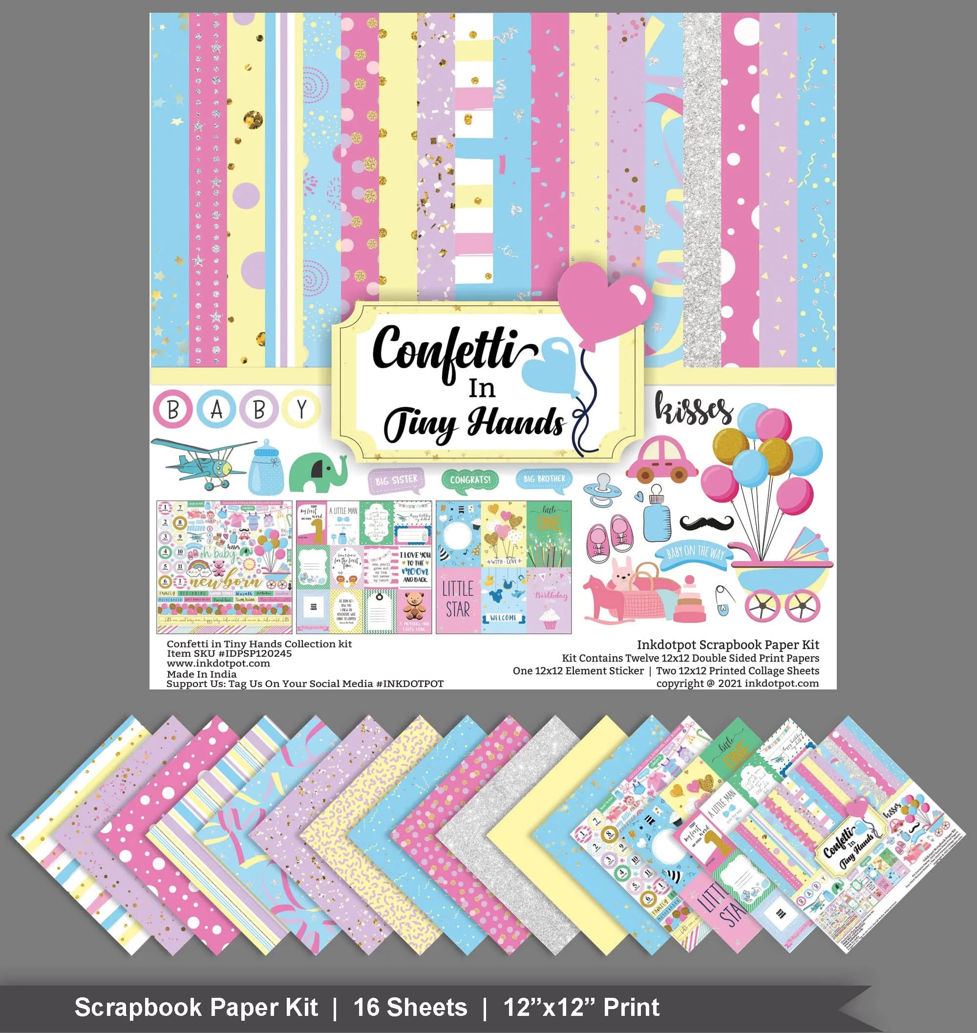 Inkdotpot Baby Theme Pastel Confetti Collection Scrapbook Paper Kit 12"x12" | 16 Pages Multicolor Cardstock with Stickers - view 3