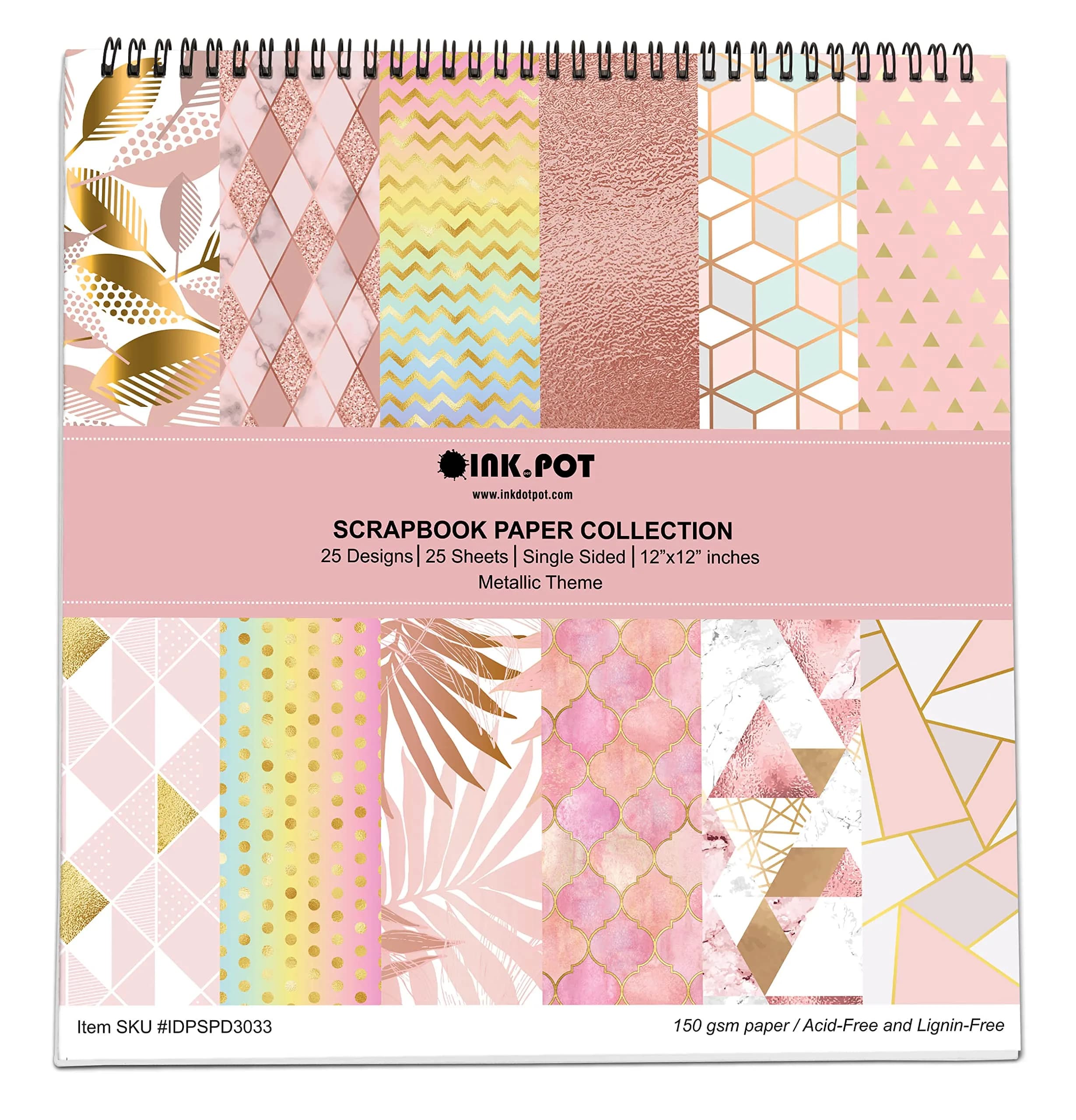 Inkdotpot 25 Sheets Rustic Wood Texture Scrapbook Paper Pad 12x12 | Colorful DIY Craft Supplies — Metallic Pastels Theme / 12"X12" inches