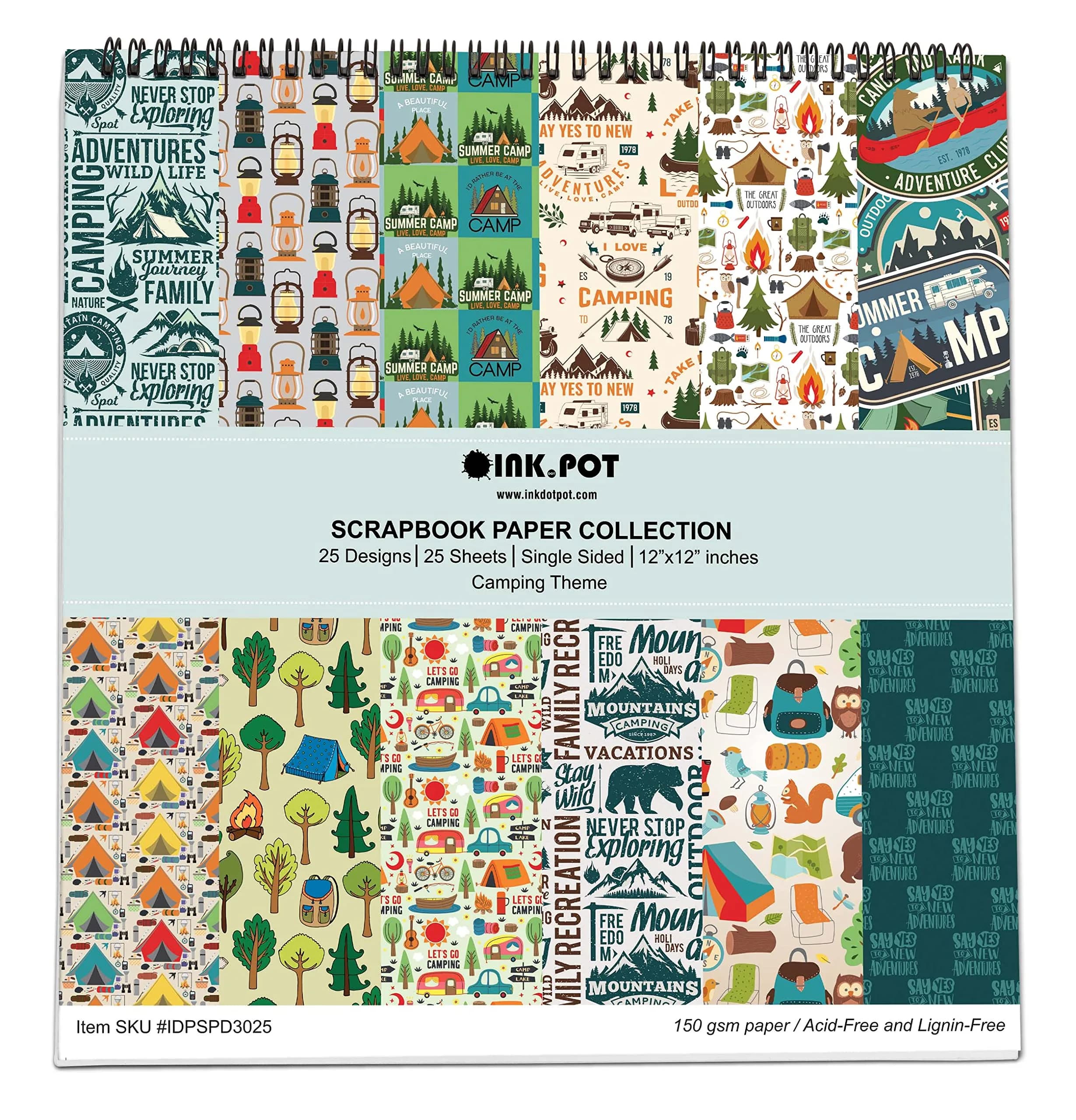 Inkdotpot Camping Texture Scrapbook Paper Pad 12x12 Inch (25 Sheets) | Acid-Free & Lignin-Free Cardstock for Crafts — Camping Theme