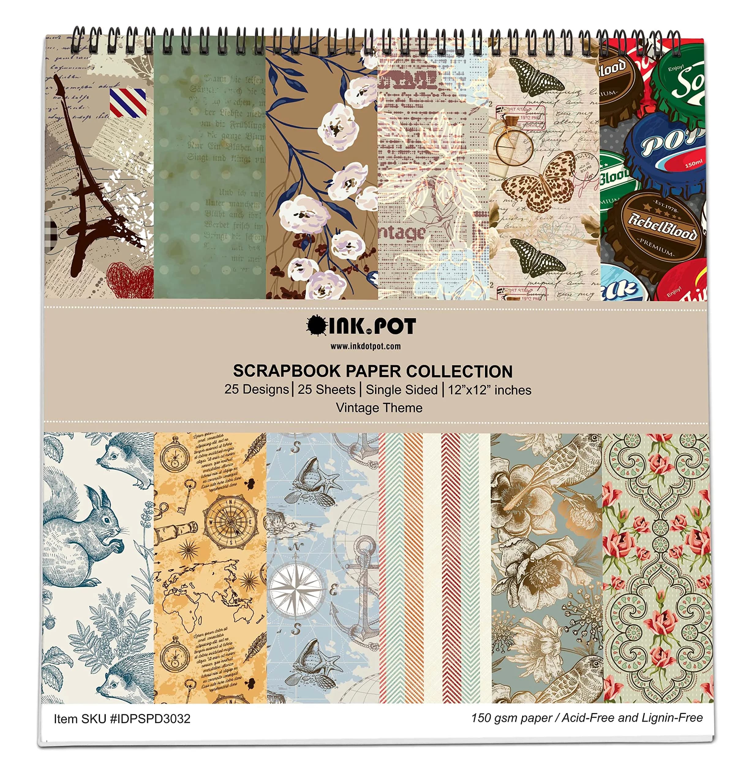Inkdotpot Vintage Retro Theme Scrapbook Paper Pad 12x12 Inch (25 Sheets, 150 GSM) | Single-Sided Decorative Cardstock for Crafts — Vintage Retro Theme