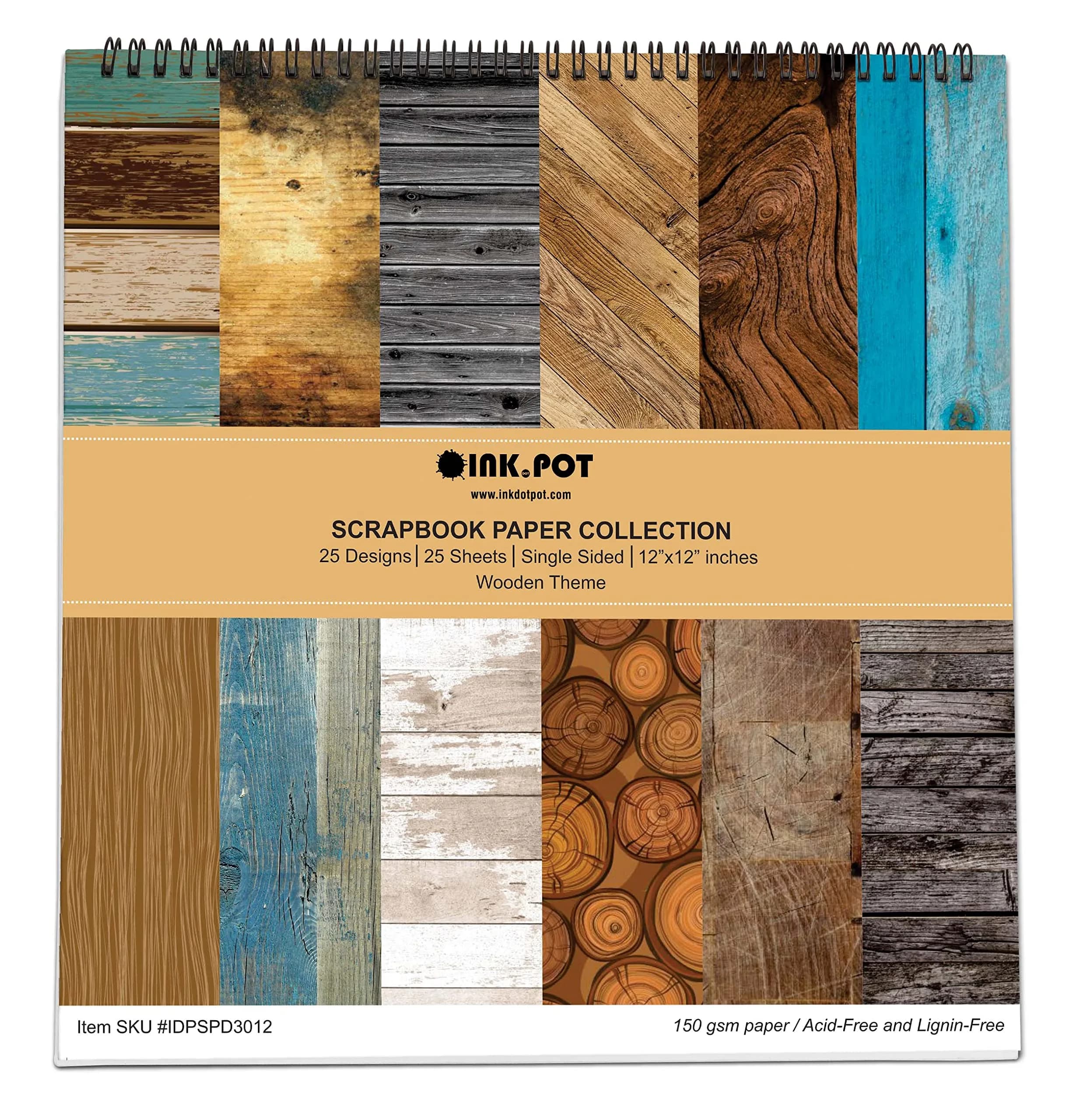 Inkdotpot 25 Sheets Rustic Wood Texture Scrapbook Paper Pad 12x12 | Colorful DIY Craft Supplies — Rustic Wood Theme