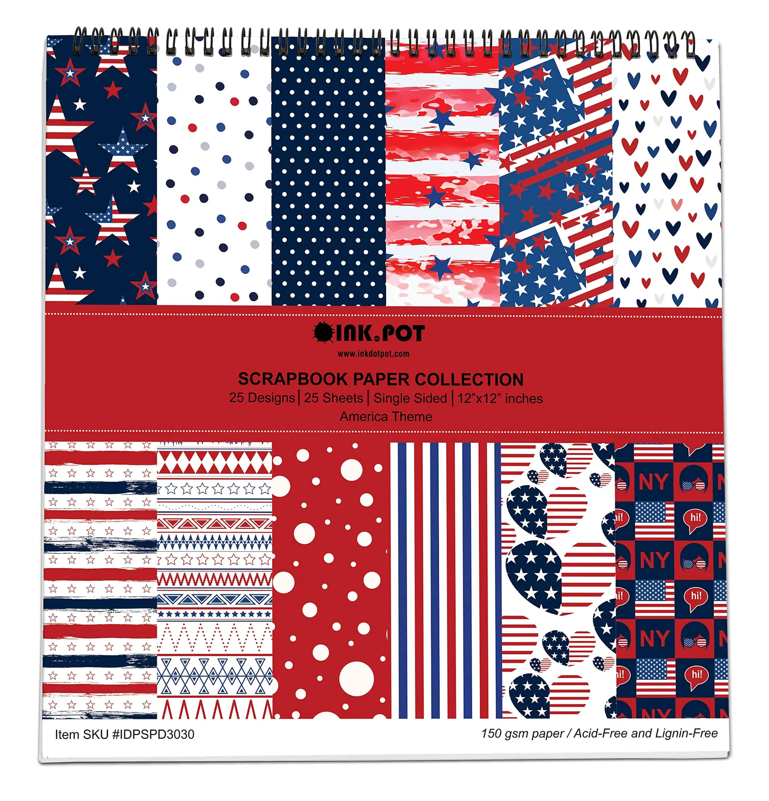 Inkdotpot America Theme Texture Scrapbook Paper Pad 12x12 Inch (25 Sheets, 150 GSM) | Acid-Free Cardstock for Crafts — American Theme