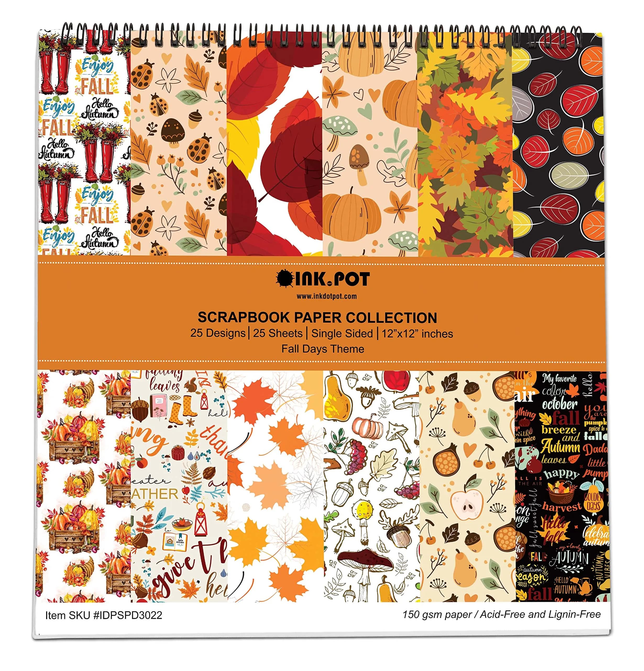Inkdotpot 25 Sheets Autumn Fall Theme Texture Scrapbook Paper Pad 12x12 | Colorful Decorative Cardstock for DIY Crafts — Autumn Fall Theme