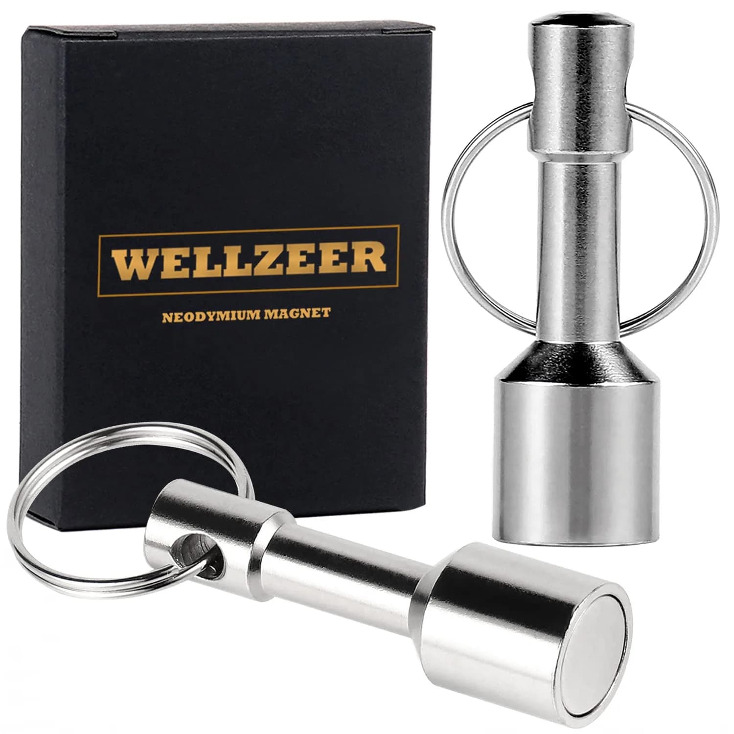 WELLZEER Neodymium Keychain Magnet 17mm x 47mm (2-Pack, Silver) | Strong Rare Earth Metal for Testing Brass, Gold, Silver & Hanging Keys