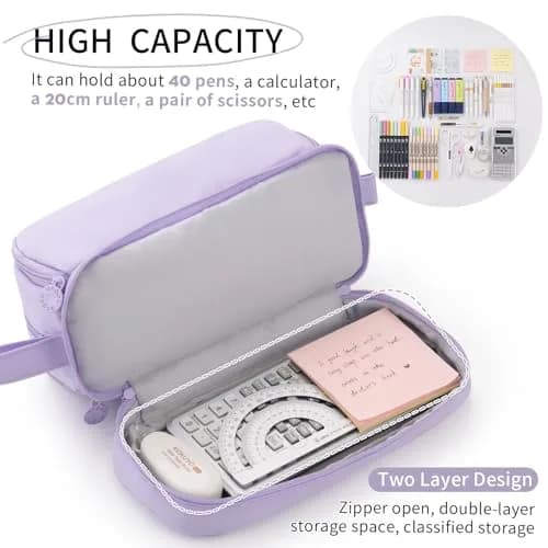 CICIMELON Large Capacity Pen Pencil Case with 4 Compartments | Multi-Slot School Organizer for Teen Girls, Women, Adults (Purple) thumbnail 3