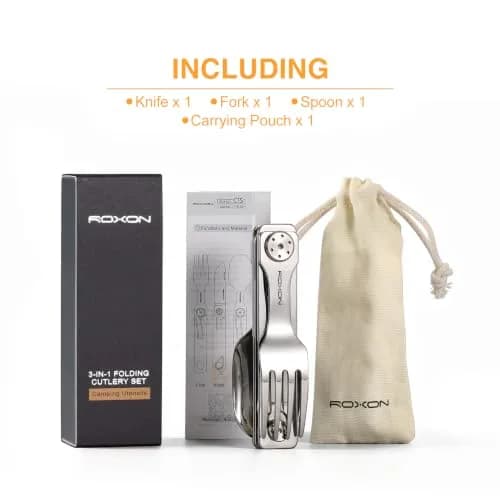 Roxon 3-in-1 Camping Utensils Set with Case (Knife, Spoon, Fork) Silver | Compact Food-Grade Stainless Steel thumbnail 6