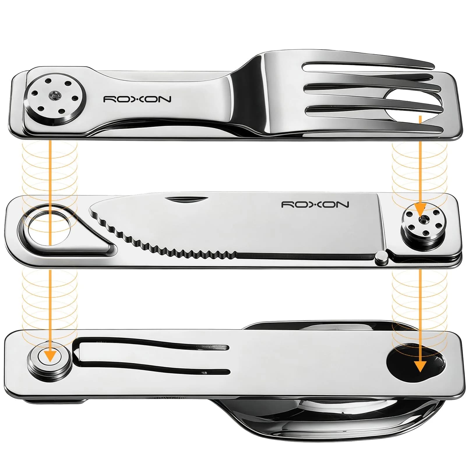 Roxon 3-in-1 Camping Utensils Set with Case (Knife, Spoon, Fork) Silver | Compact Food-Grade Stainless Steel