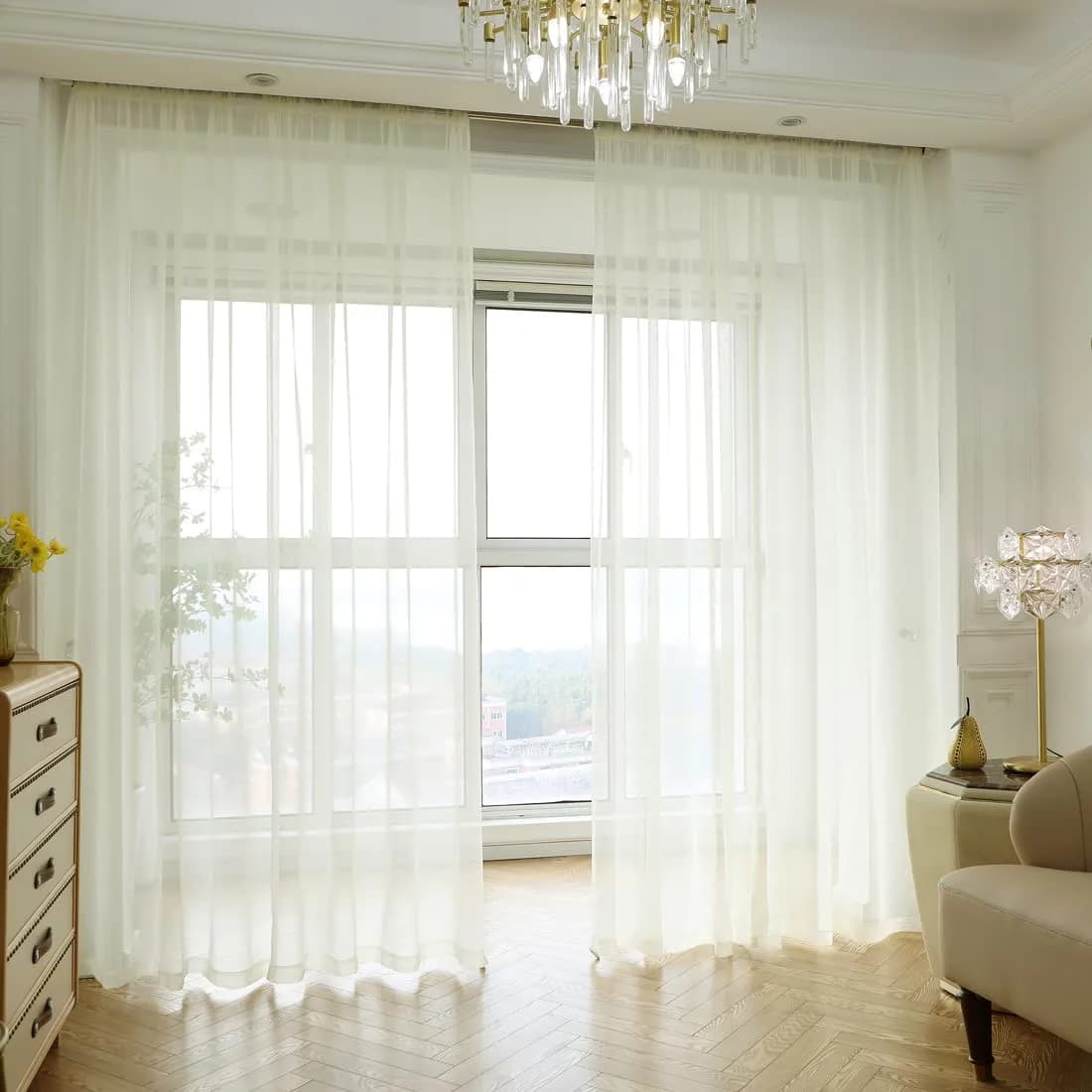 PHILEASY Light Yellow Sheer Curtains 45" Long | Pack of 2 Light-Filtering Rod Pocket Panels - main product image