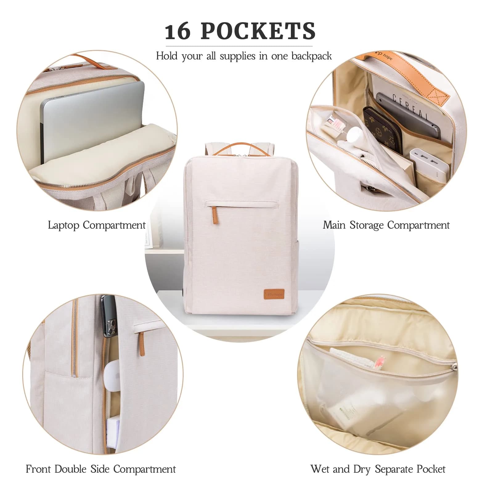 Hp hope Laptop Backpack for Women, 22L Capacity, Beige | Water Resistant Travel & Work Backpack - view 2