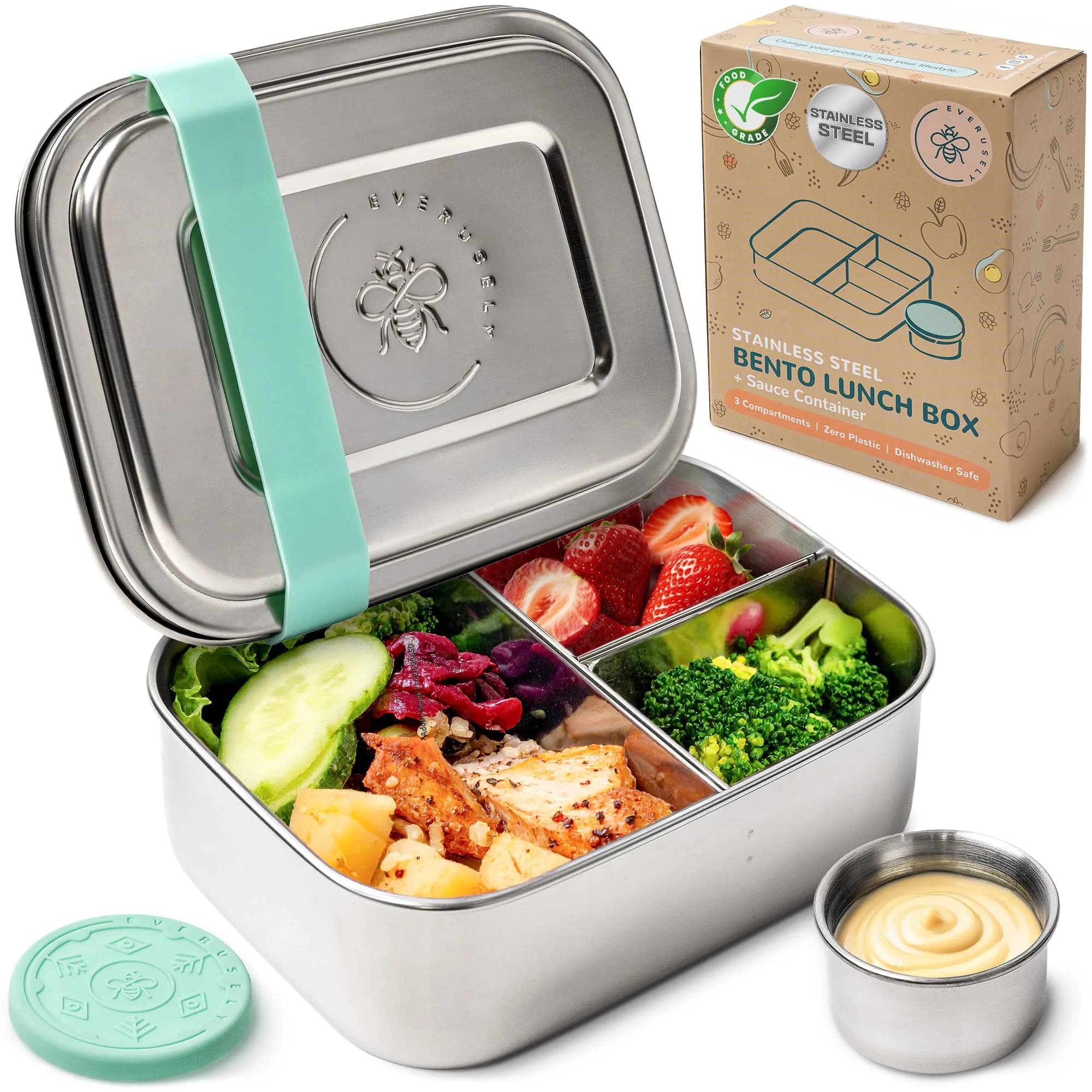 Everusely Stainless Steel Bento Box with Condiment Container - Green, 800ml (27oz) | Leakproof Food Storage for Adults — Green