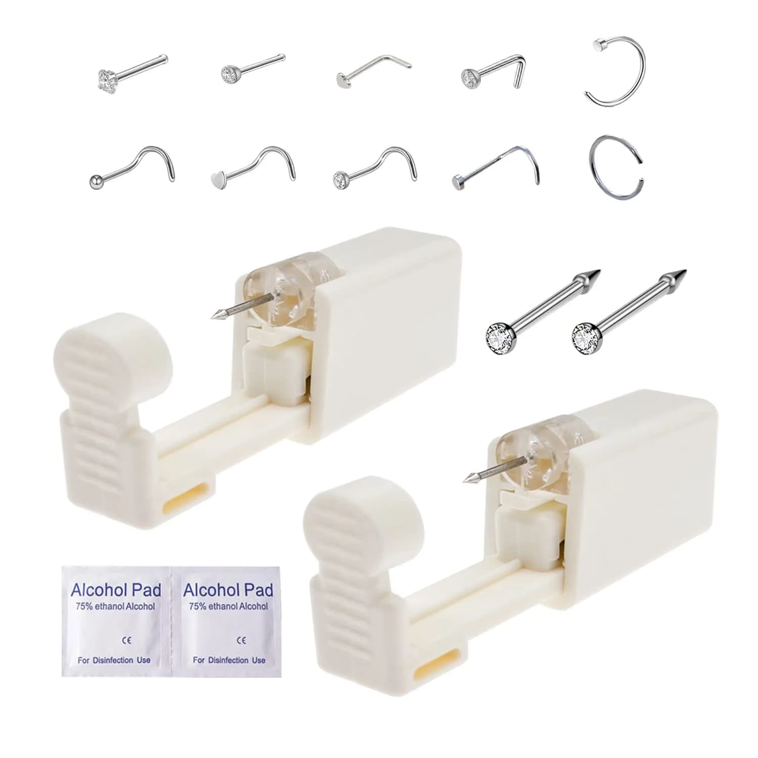 DIEWEISIMI Nose Piercing Kit 2 Pack | Disposable Self Nose Gun with 10 Nose Rings | 20g/0.8mm White Crystal - main product image