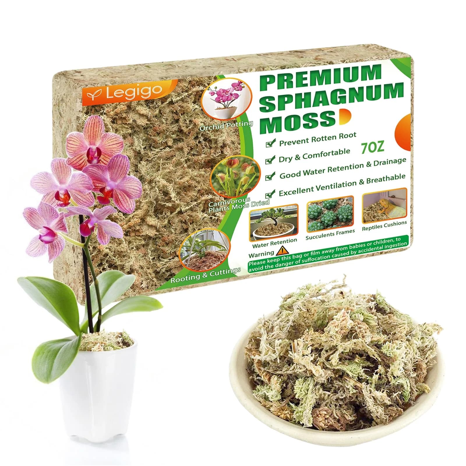 Legigo 8 QT (7 oz) Premium Sphagnum Moss - Natural Long Fiber for Orchids & Succulents - main product image