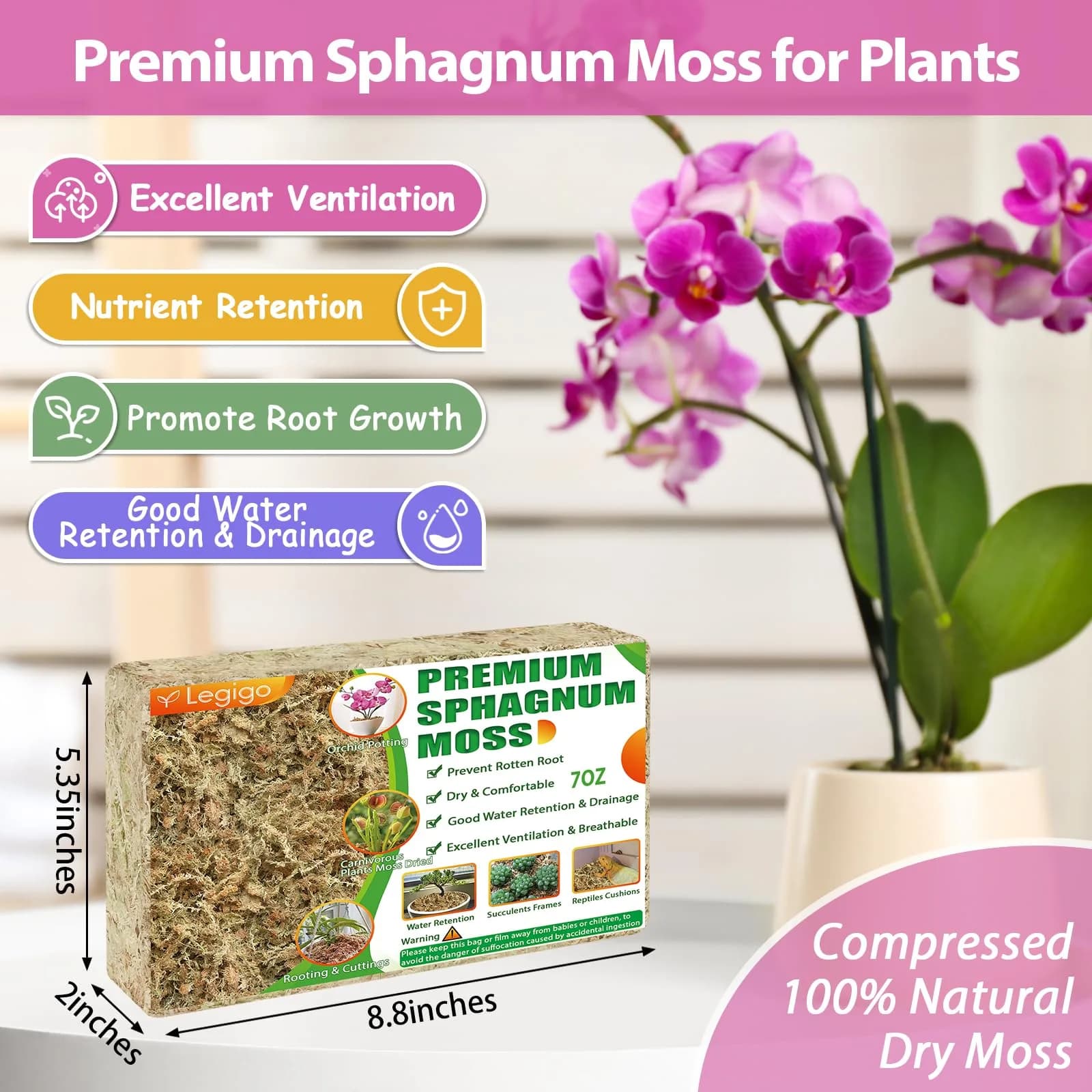 Legigo 8 QT (7 oz) Premium Sphagnum Moss - Natural Long Fiber for Orchids & Succulents - view 2
