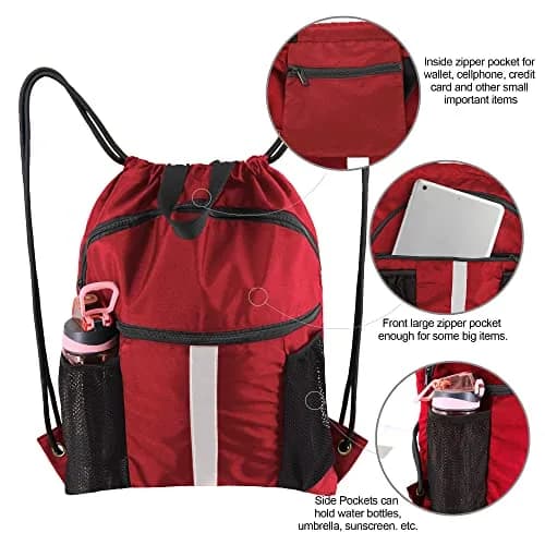 BeeGreen Red Drawstring Backpack Bag with Shoe Compartment & Water Bottle Pockets 3800 cu in (108 L) | Large Gym Sackpack for Travel thumbnail 4