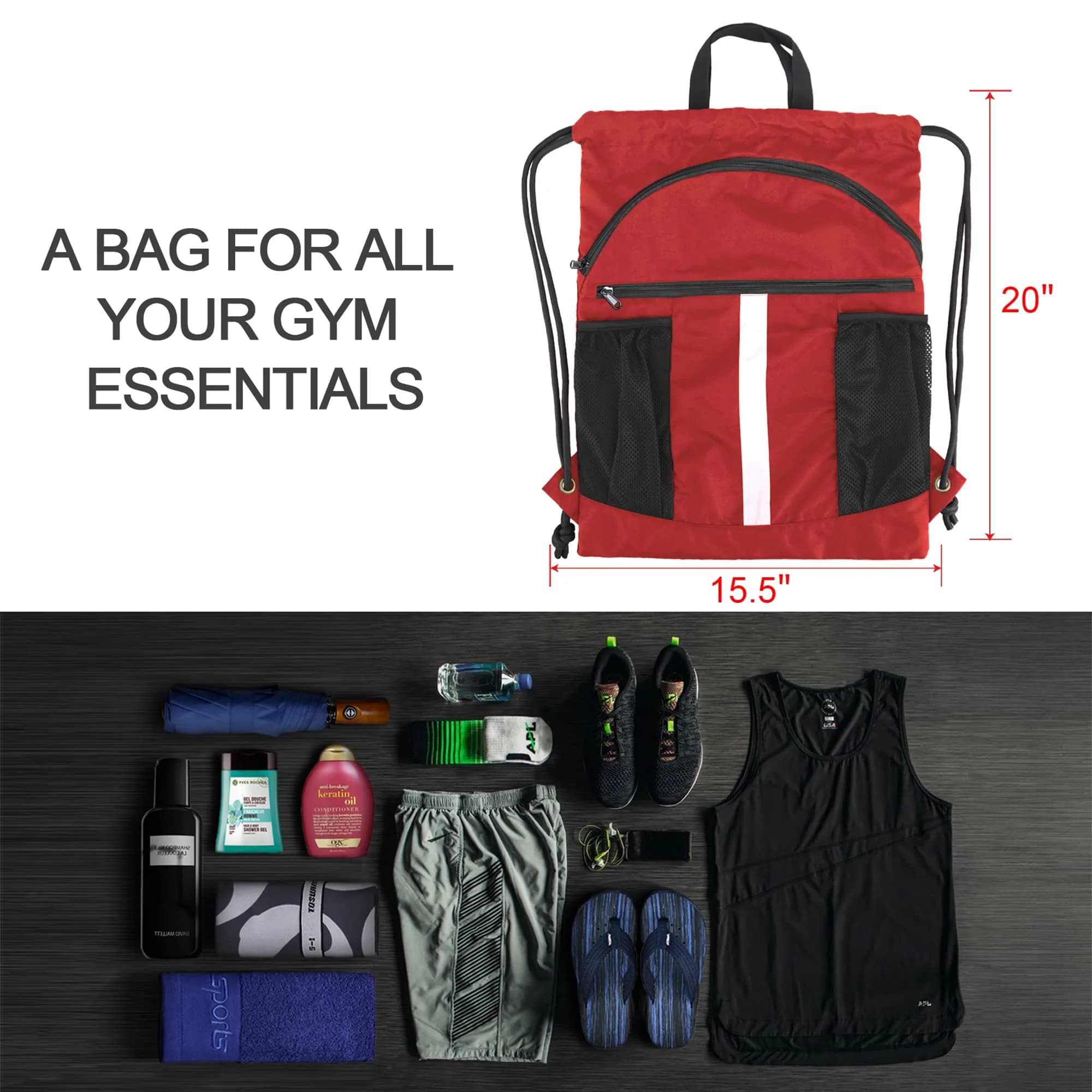 BeeGreen Red Drawstring Backpack Bag with Shoe Compartment & Water Bottle Pockets 3800 cu in (108 L) | Large Gym Sackpack for Travel - view 2