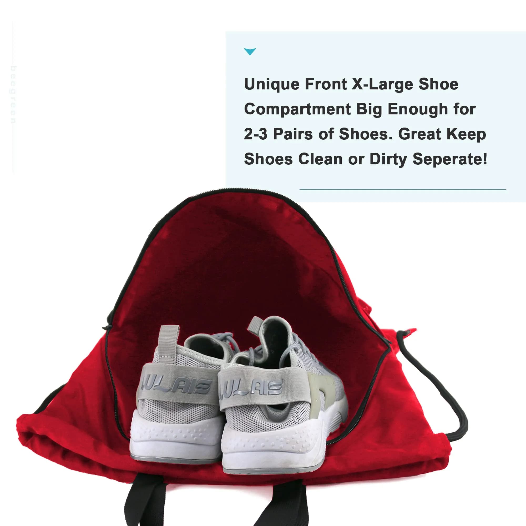 BeeGreen Red Drawstring Backpack Bag with Shoe Compartment & Water Bottle Pockets 3800 cu in (108 L) | Large Gym Sackpack for Travel - view 3