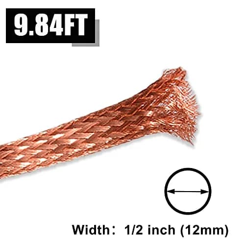 QuQuyi Copper Braided Ground Strap 3m (9.84ft) x 12mm (1/2") Flat Tinned Copper Wire | Flexible Bonding Connector for Grounding & Shielding thumbnail 3