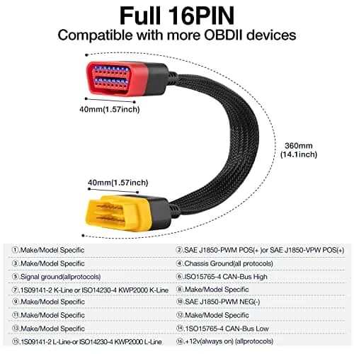 LAUNCH OBD2 Extension Cable 36cm (1.2FT) | Bendable 16-Pin Male to Female Cord thumbnail 2