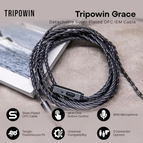 Linsoul Tripowin Grace Silver-Plated OFC Earphone Cable w/Mic | 1.25M, 3.5mm Plug, 0.78mm 2Pin, Microphone, Silver-Plated OFC, Soft Braided thumbnail 2