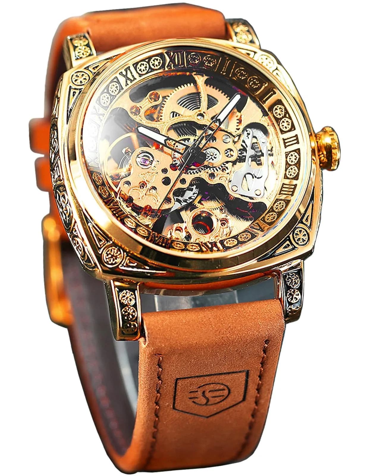 FORSINING Square Luxury Retro Mechanical Watch for Men | Automatic Self-Wind Skeleton Dial 42mm Case — Gold