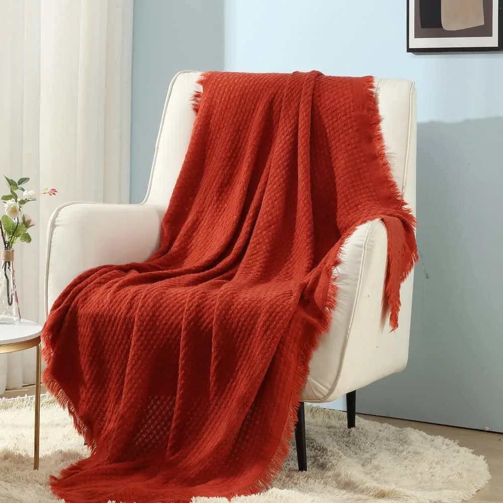 CREVENT 50"X60" Farmhouse Breathable Lightweight Spring Summer Fall Knit Throw Blanket for Couch Chair (Burnt Orange/Rust Brick Red - Waffle Christmas Red) — Burnt Orange Waffle
