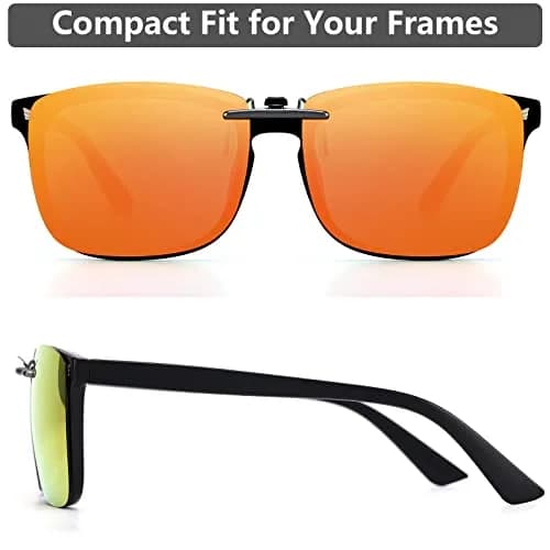 CAXMAN Polarized Clip On Sunglasses for Prescription Glasses Men & Women | Compact Fit, Non Flip Up, Extra Large, Red Mirrored Lens thumbnail 5