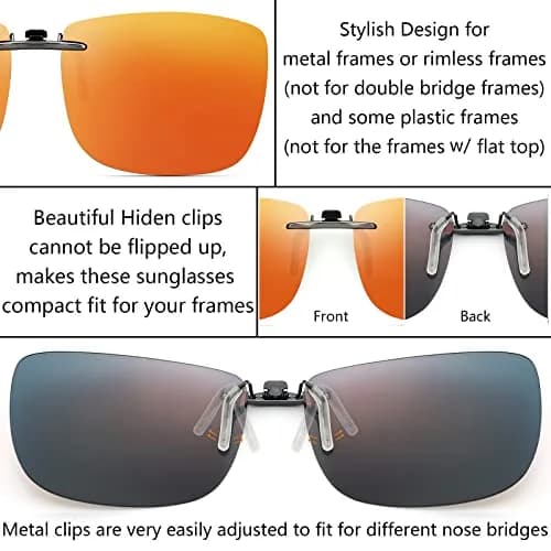 CAXMAN Polarized Clip On Sunglasses for Prescription Glasses Men & Women | Compact Fit, Non Flip Up, Extra Large, Red Mirrored Lens thumbnail 3