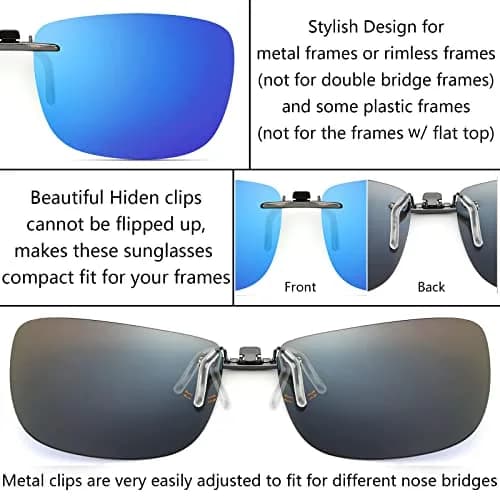 CAXMAN Polarized Clip On Sunglasses for Prescription Glasses Men & Women | Compact Fit, Blue Mirrored, Large thumbnail 3