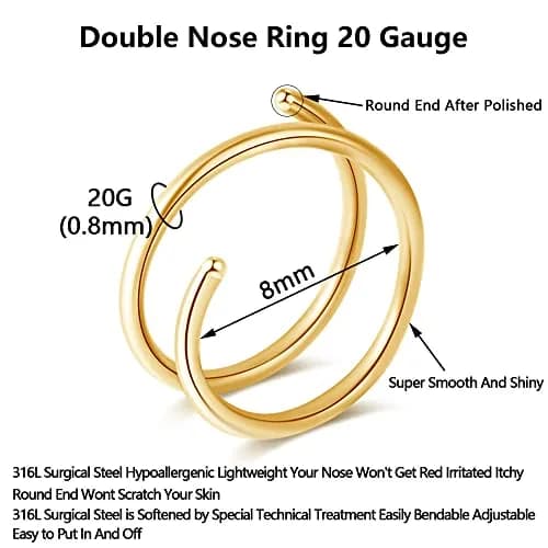 Fzroezz Double Hoop Nose Ring Set 20 Gauge (8mm) | Hypoallergenic Surgical Steel Twist Spiral Piercing Jewelry (3 Pairs, Gold Black Silver) thumbnail 2