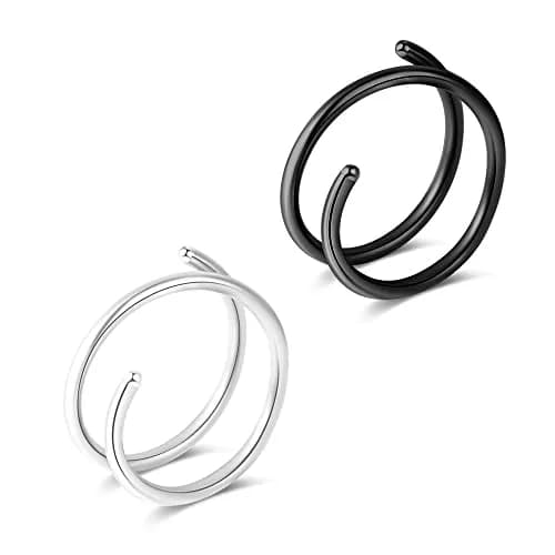 Fzroezz Double Nose Ring for Single Piercing | Hypoallergenic Surgical Steel 20G, Silver/Black, 8mm thumbnail 1