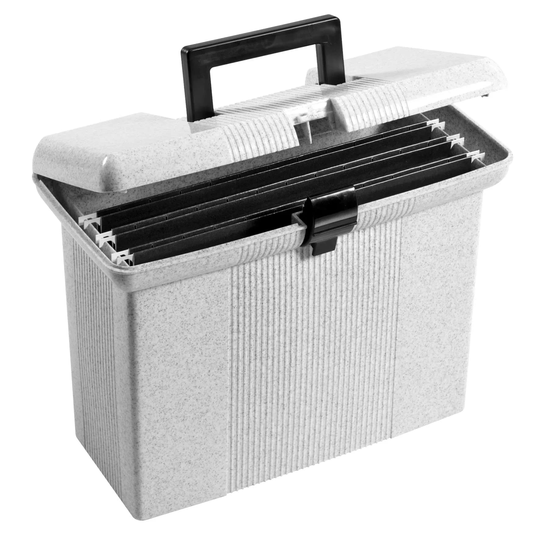 Pendaflex Portable File Box with File Rails, Hinged Lid, Black, 3 Letter Size Hanging Folders Included | Heavy Duty Plastic Organizer — Granite / 12 File Folders