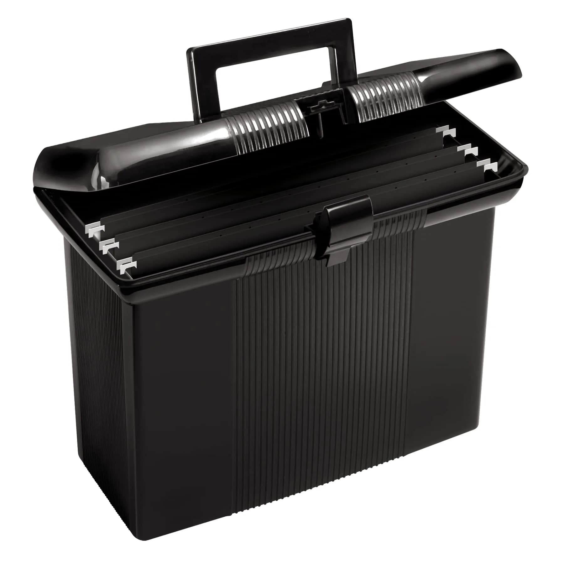 Pendaflex Portable File Box with File Rails, Hinged Lid, Black, 3 Letter Size Hanging Folders Included | Heavy Duty Plastic Organizer — Black