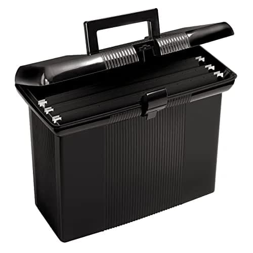Pendaflex Portable File Box with File Rails, Hinged Lid, Black, 3 Letter Size Hanging Folders Included | Heavy Duty Plastic Organizer thumbnail 1
