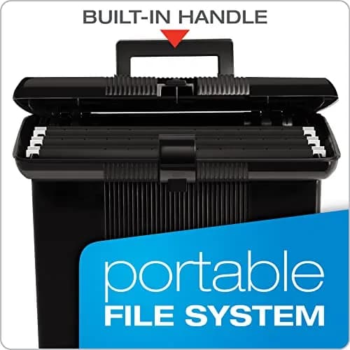 Pendaflex Portable File Box with File Rails, Hinged Lid, Black, 3 Letter Size Hanging Folders Included | Heavy Duty Plastic Organizer thumbnail 2