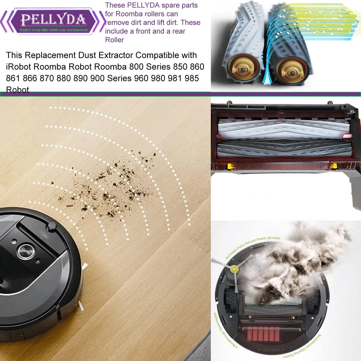 PELLYDA Replacement Rubber Roller Brushes for iRobot Roomba 800 & 900 Series | Tangle-Free Debris Extractor (2 Sets) - view 6