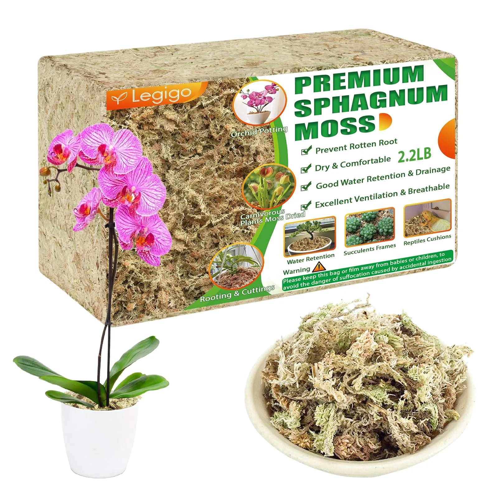 Legigo Premium 40 QT (2.2 lb) Long Fiber Sphagnum Moss for Orchids & Succulents - main product image