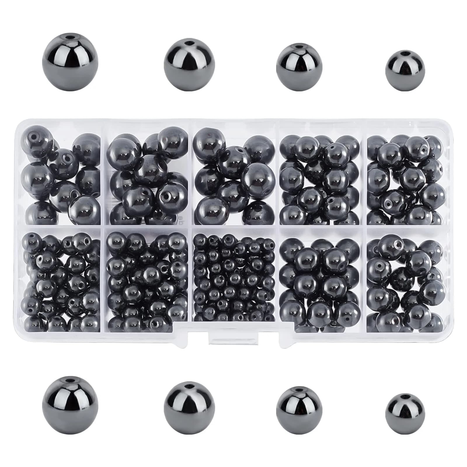 PH PandaHall Black Synthetic Hematite Beads 316pcs 4 Sizes Round Gemstone Beads | 4mm-10mm - main product image