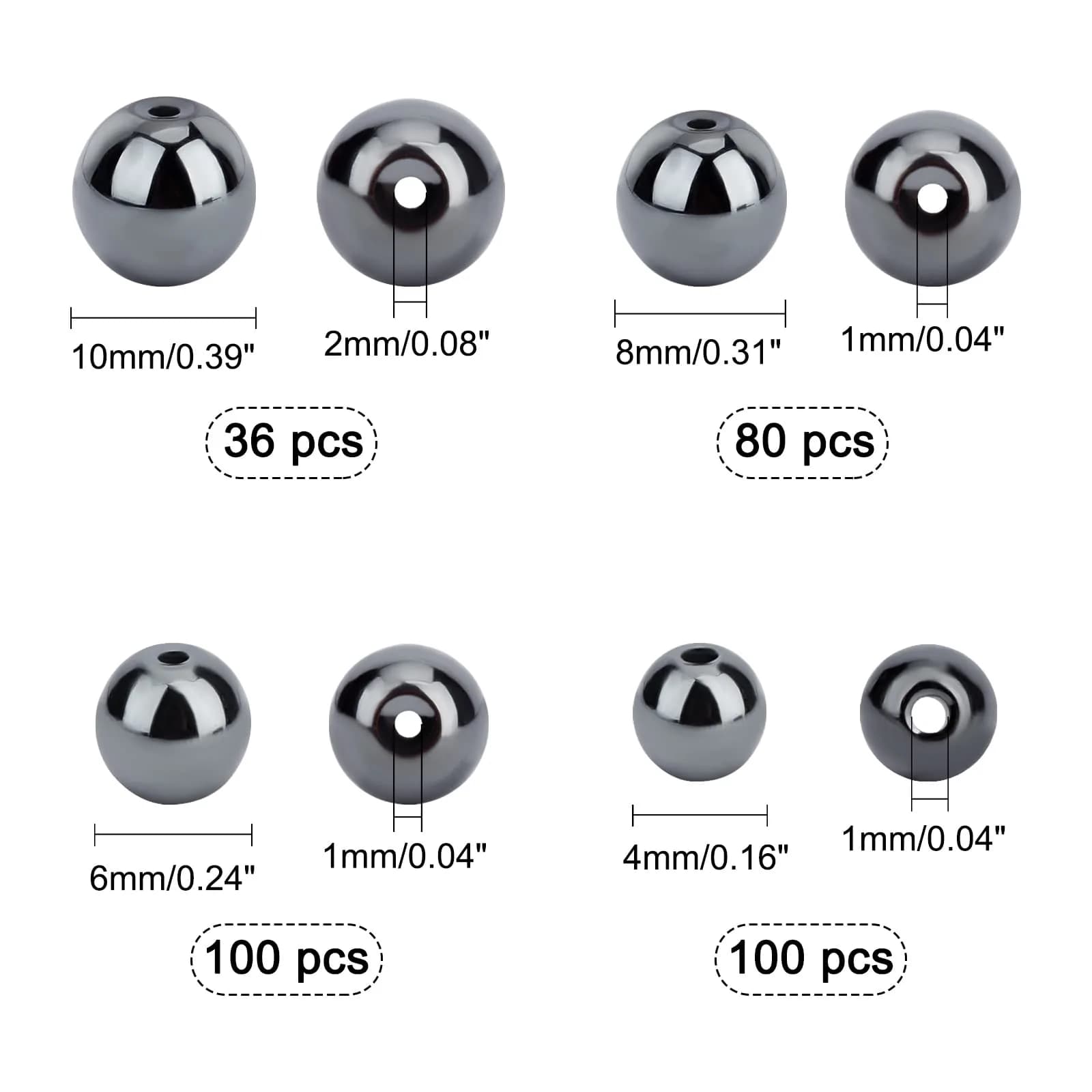 PH PandaHall Black Synthetic Hematite Beads 316pcs 4 Sizes Round Gemstone Beads | 4mm-10mm - view 5